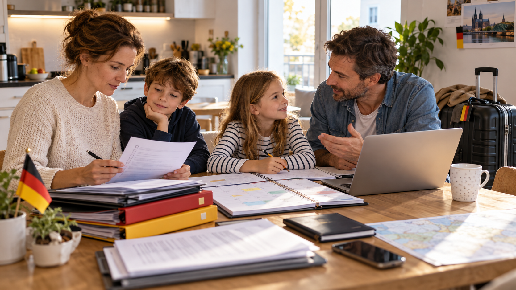 A family with two children planning a move at a table with documents, a calendar and a packed suitcase