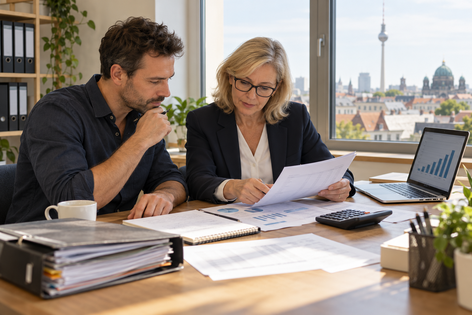An entrepreneur reviewing financial records and a cash-flow forecast with his accountant