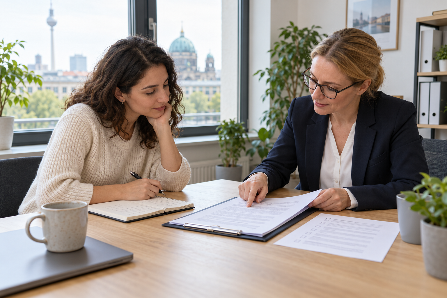 A client discussing a service agreement with a consultant at an office table