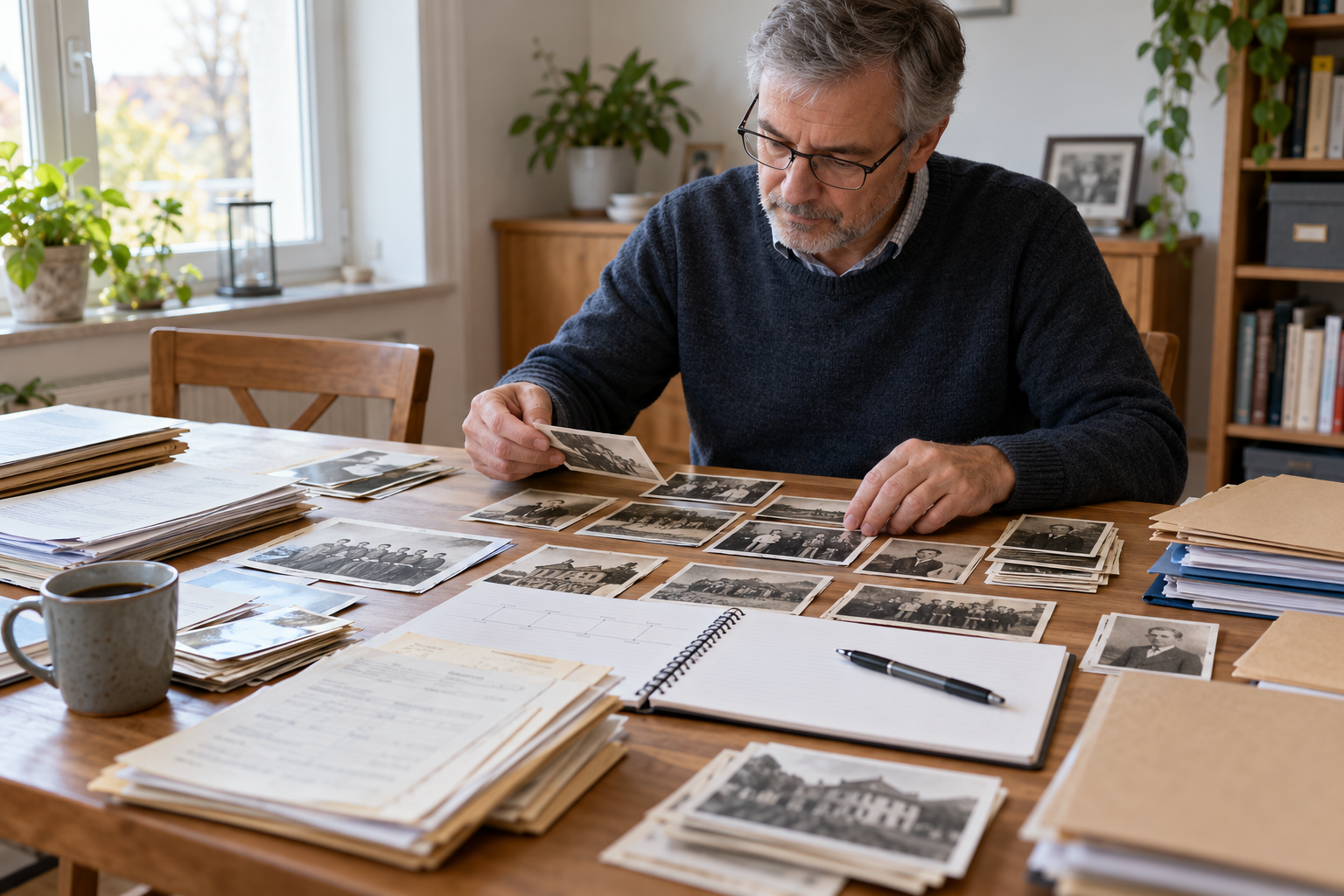 An adult man organising historical family photographs and employment records into a timeline
