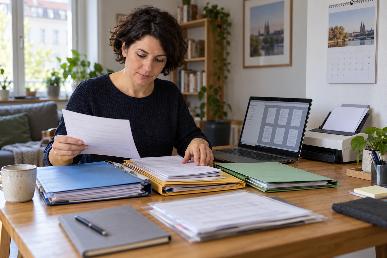 Eine Antragstellerin ordnet persönliche Unterlagen und eingescannten Schriftverkehr an ihrem Schreibtisch