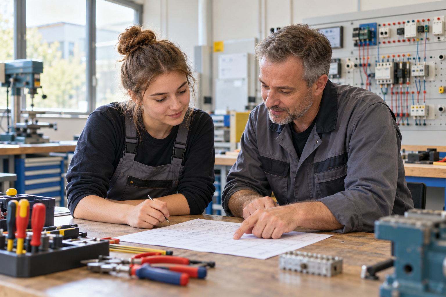 An apprentice and her trainer discussing a training plan in a technical workshop