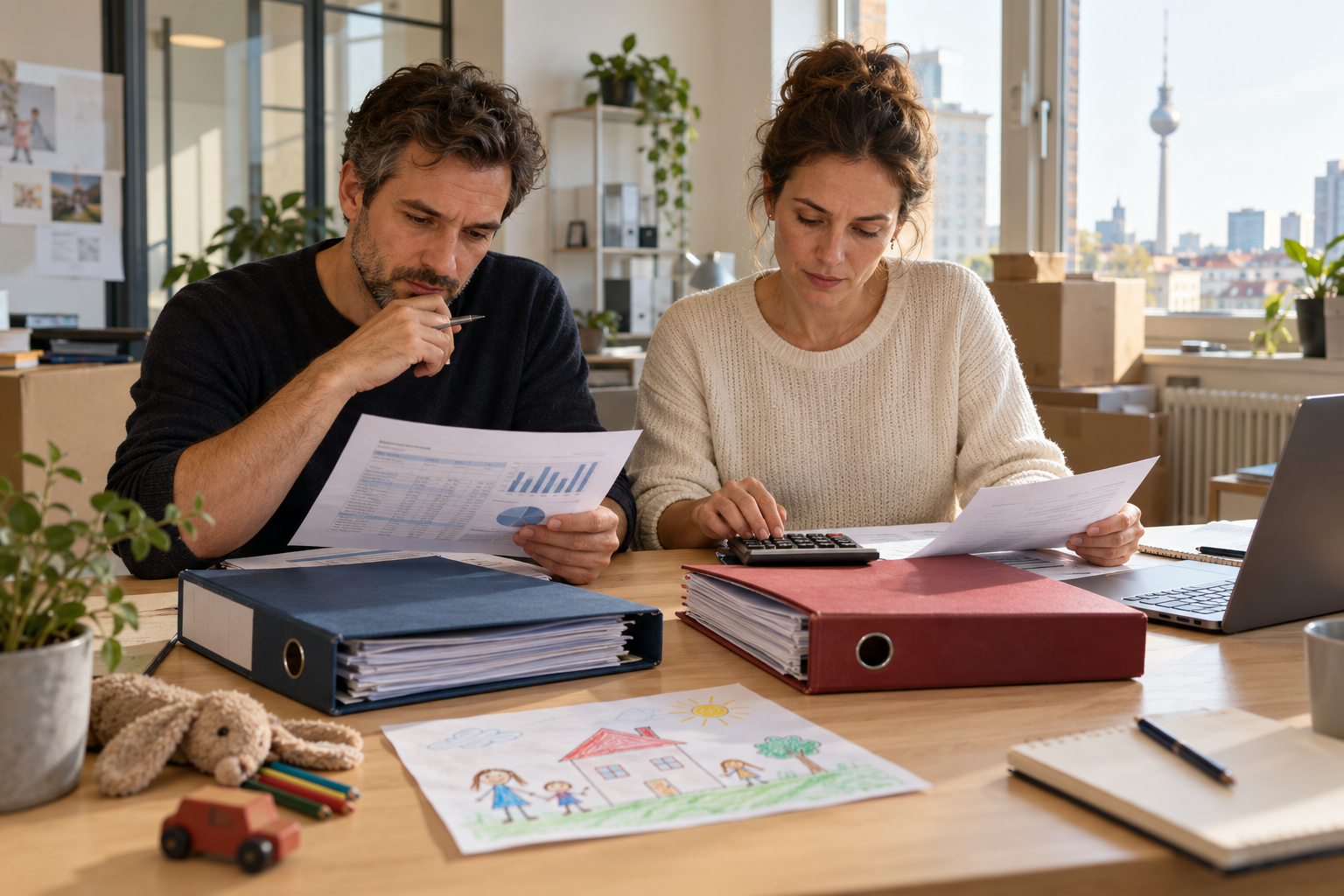 Ein Paar bespricht Businessplan und Familienbudget an einem Tisch in einem kleinen Büro