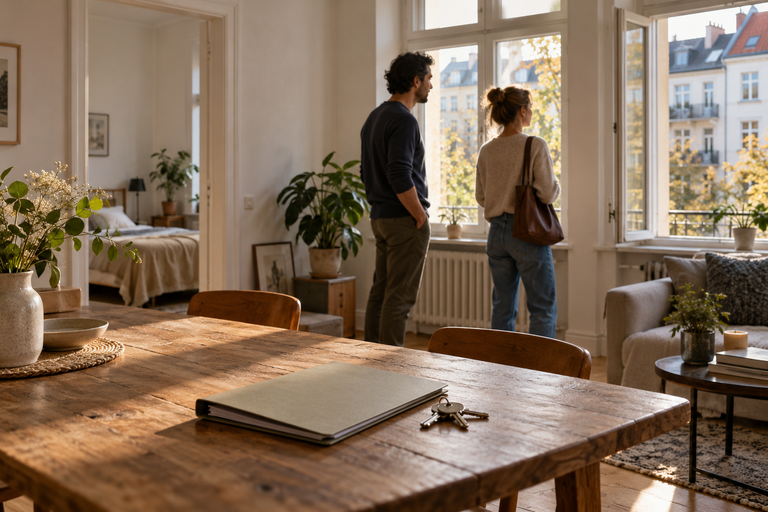 A couple viewing a furnished apartment, with keys and a document folder on the dining table