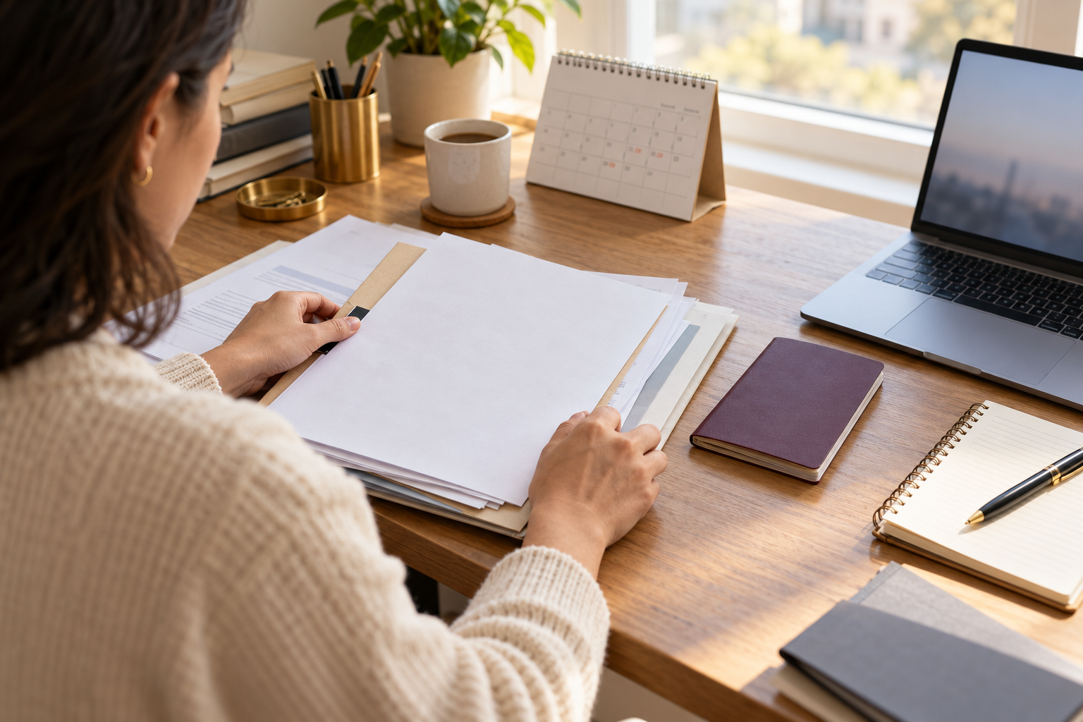 A person organising travel and residence documents at a desk