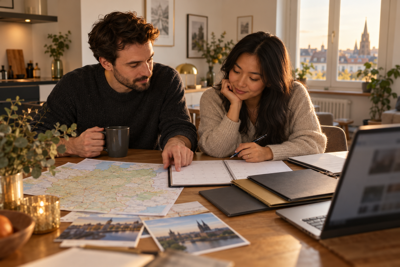 A couple planning a move together at a table with a calendar and document folders